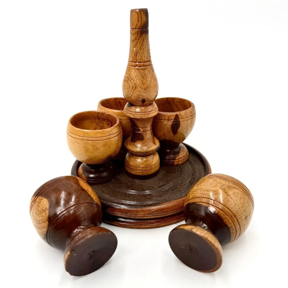 Vintage Hand Turned Wood Shot Glass Set 6 Cups with Round Caddy Tray Brown MCM‎